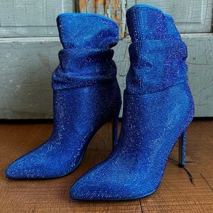 NEW Nine West Jenn Ankle Heeled Blue Rhinestone Slouch Boot Size 5.5